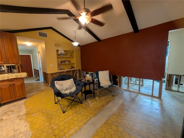 living room featuring high vaulted ceiling, ceiling fan, and beam ceiling