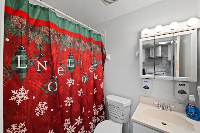 bathroom featuring vanity, walk in shower, a textured ceiling, and toilet