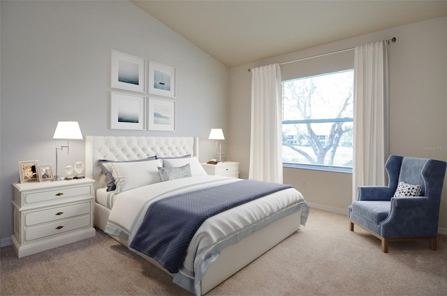 bedroom with light colored carpet and vaulted ceiling