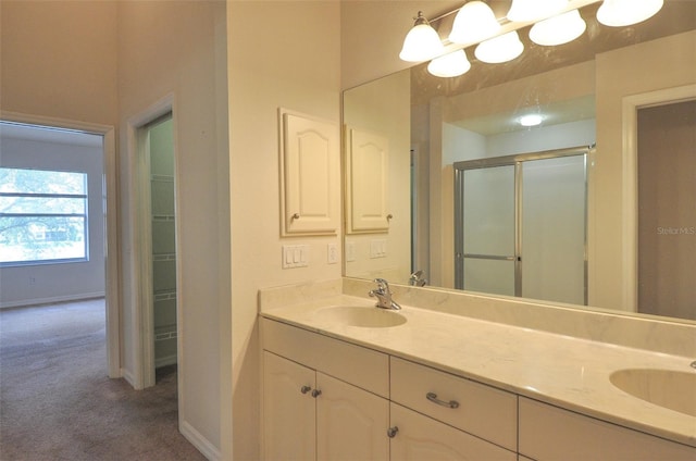 bathroom featuring vanity and a shower with shower door