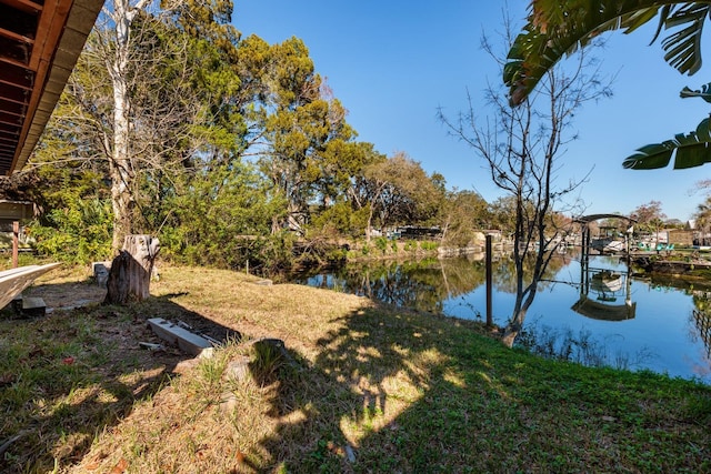 view of yard featuring a water view and a dock