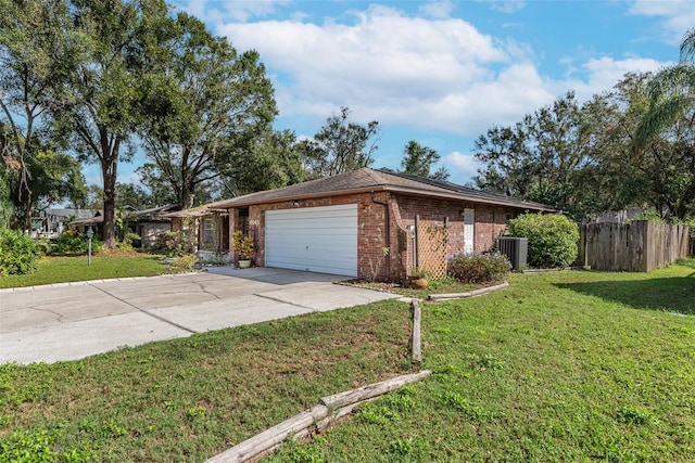 view of property exterior with a garage and a lawn