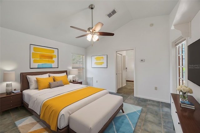 bedroom featuring lofted ceiling and ceiling fan