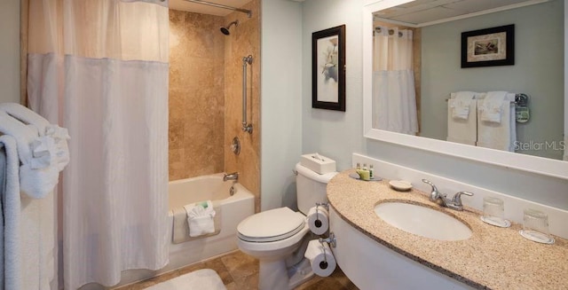 full bathroom featuring shower / bath combo, vanity, and toilet