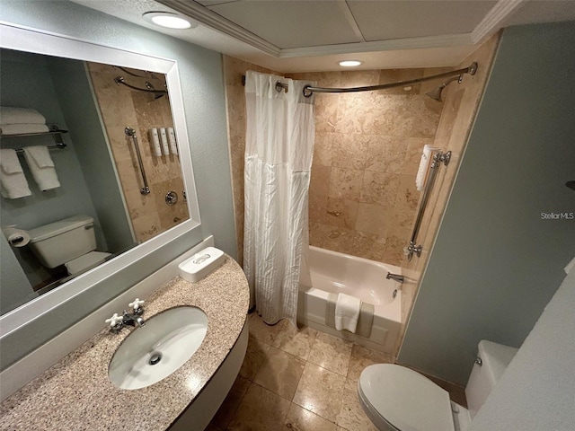 full bathroom with sink, shower / bathtub combination with curtain, tile patterned floors, toilet, and crown molding