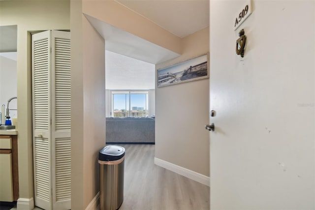 hall featuring light hardwood / wood-style floors and sink