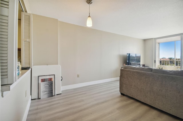 living room featuring light wood-type flooring and a textured ceiling