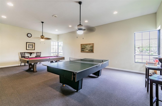 recreation room with dark colored carpet, ceiling fan, and billiards