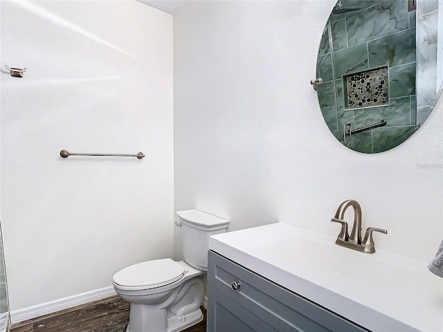 bathroom featuring toilet, vanity, and wood-type flooring