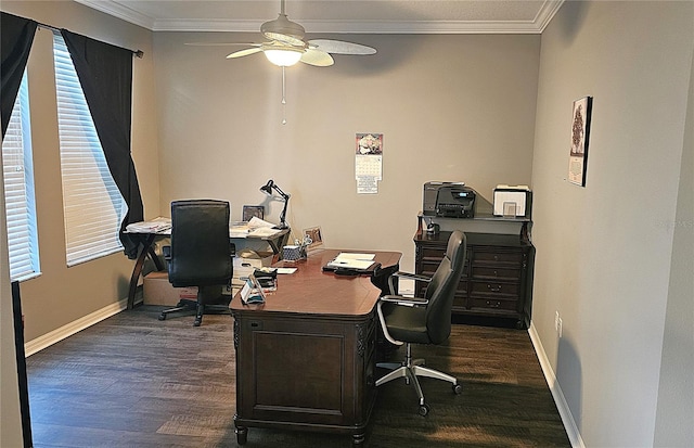 office featuring dark wood-type flooring, ceiling fan, and crown molding