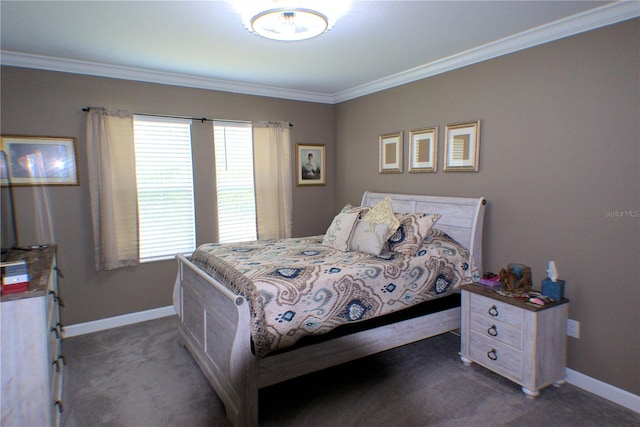 bedroom featuring dark colored carpet and crown molding