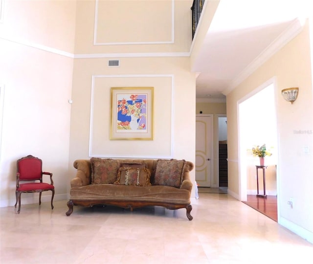 living room with crown molding