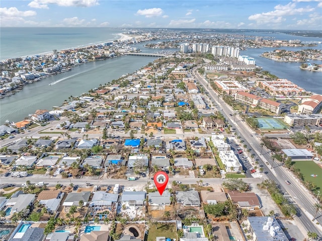 drone / aerial view featuring a water view