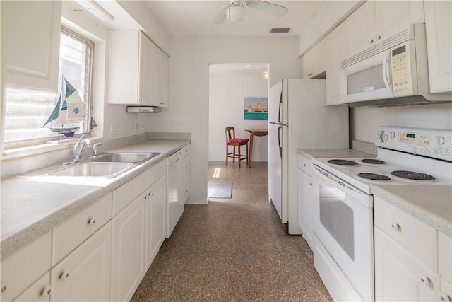 kitchen with ceiling fan, white cabinetry, white appliances, and sink