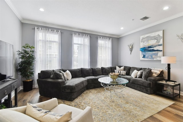 living room featuring crown molding and hardwood / wood-style floors