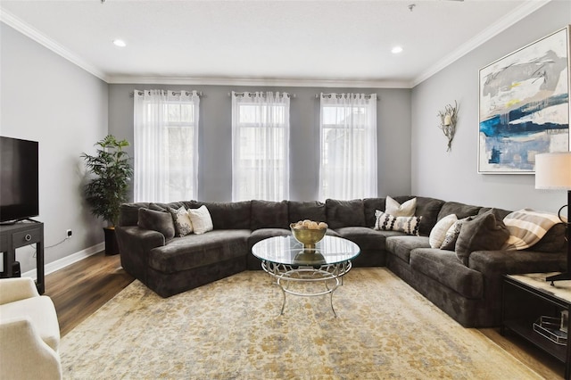 living room featuring wood-type flooring and ornamental molding