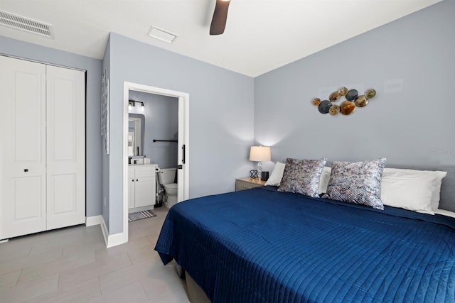 bedroom featuring ceiling fan, connected bathroom, and a closet