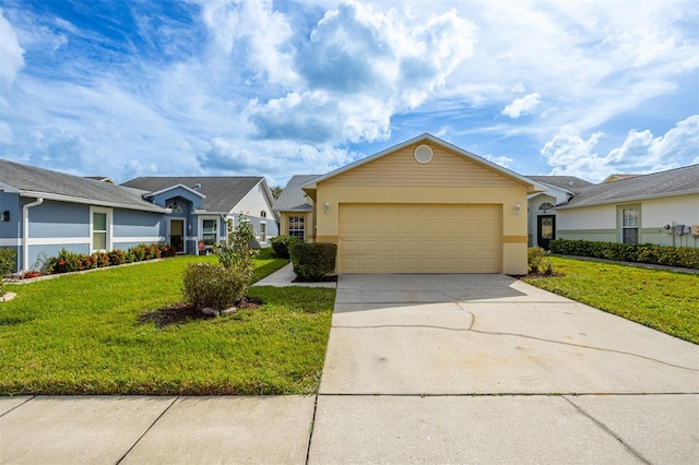 ranch-style home with a garage and a front yard