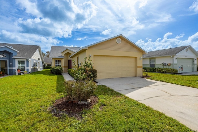 ranch-style house with a garage and a front yard