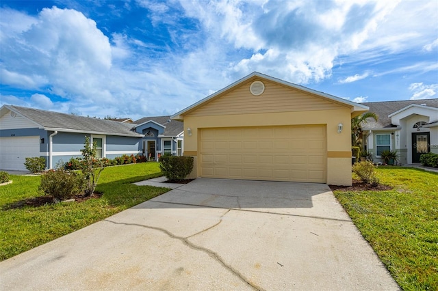 ranch-style house featuring a garage and a front lawn