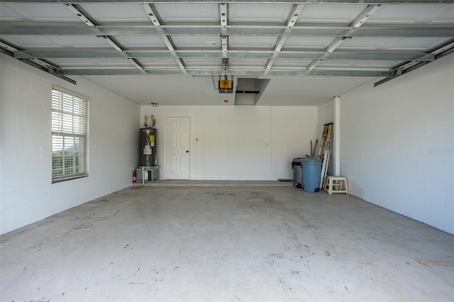 garage with a garage door opener and water heater