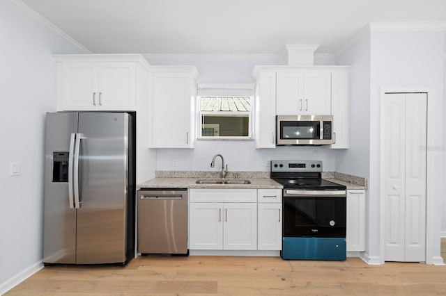 kitchen featuring white cabinets, sink, light stone countertops, and stainless steel appliances