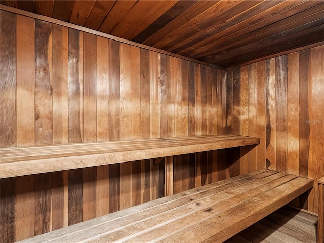 view of sauna featuring wood walls and wooden ceiling