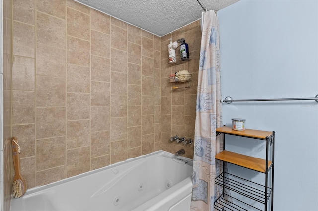 bathroom with shower / bath combo with shower curtain and a textured ceiling