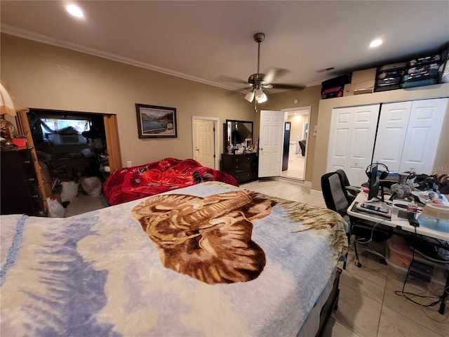 bedroom with ceiling fan, light tile patterned floors, and ornamental molding