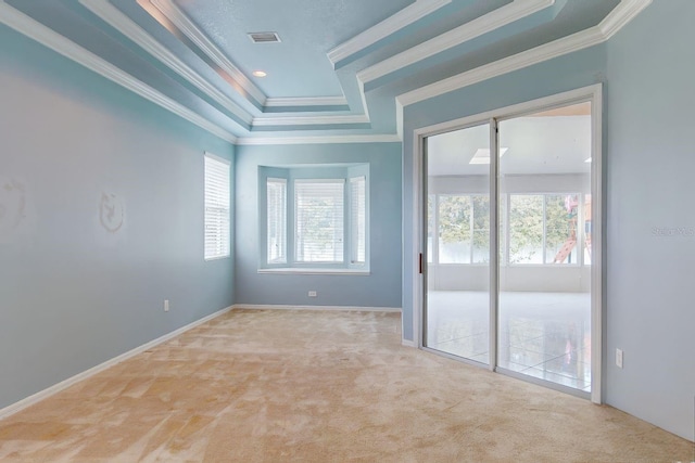 spare room featuring a raised ceiling, crown molding, plenty of natural light, and light colored carpet