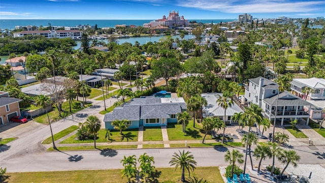 bird's eye view with a water view