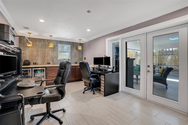 office with crown molding and french doors