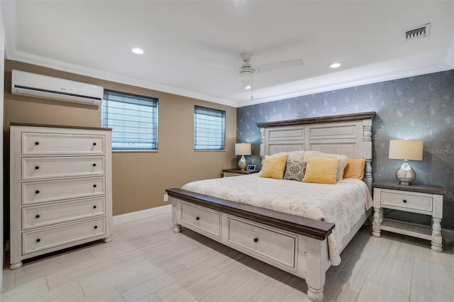 bedroom with a wall mounted AC, ornamental molding, and ceiling fan