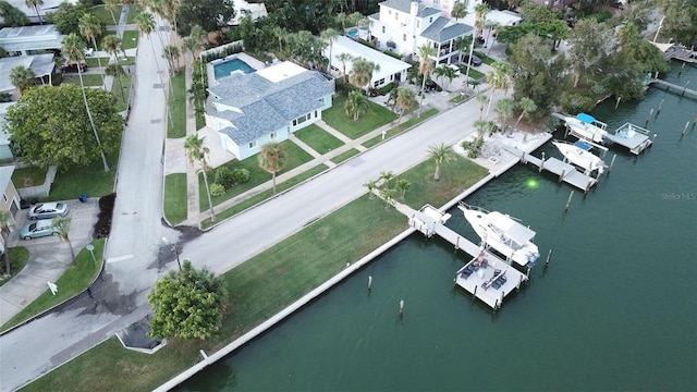 drone / aerial view featuring a water view