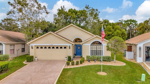 ranch-style house with a garage and a front lawn