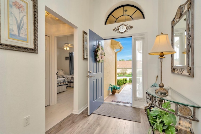 entrance foyer featuring light hardwood / wood-style floors and ceiling fan