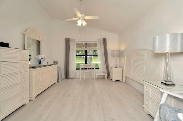 interior space featuring light hardwood / wood-style floors, ceiling fan, and lofted ceiling