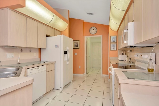 kitchen featuring light tile patterned floors, white appliances, sink, and decorative backsplash