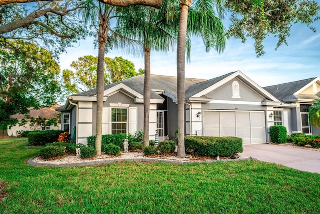 ranch-style home with a garage and a front lawn