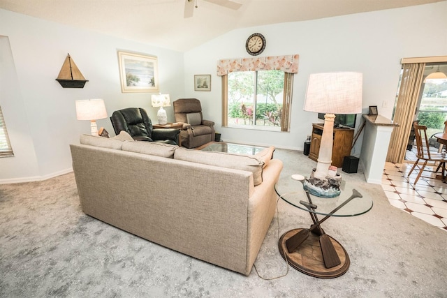 living room featuring vaulted ceiling and ceiling fan