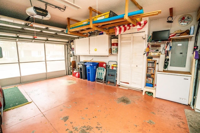 garage featuring a garage door opener, electric panel, and refrigerator