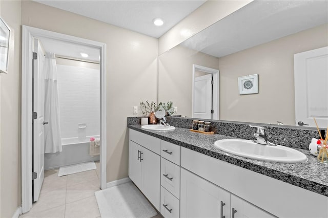 bathroom with tile patterned floors, vanity, and shower / bath combination with curtain