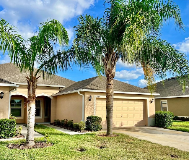 ranch-style house featuring a garage and a front yard