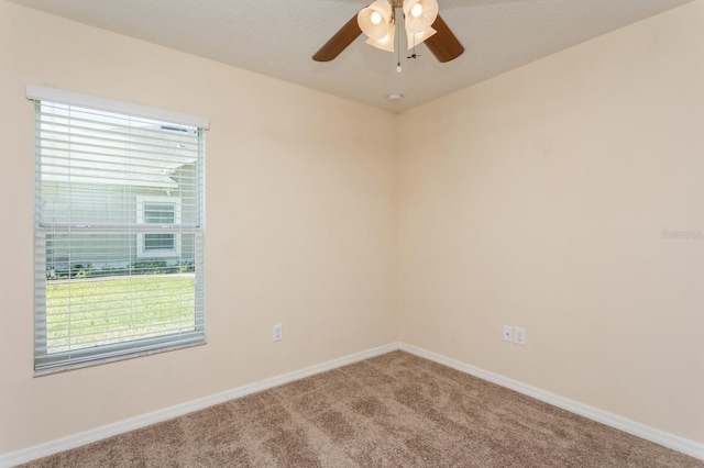 spare room with ceiling fan and carpet