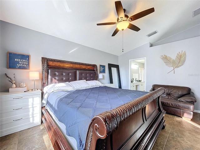 bedroom featuring connected bathroom, ceiling fan, and lofted ceiling