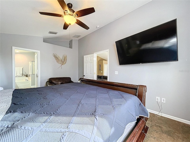 bedroom with ensuite bathroom, ceiling fan, and vaulted ceiling