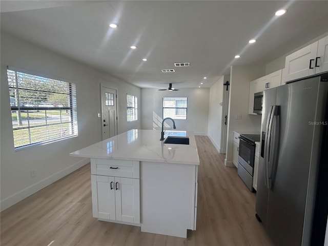 kitchen with appliances with stainless steel finishes, ceiling fan, a kitchen island with sink, sink, and white cabinetry