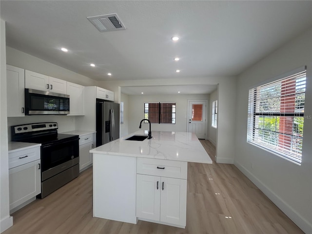 kitchen with white cabinetry, sink, light stone countertops, stainless steel appliances, and a kitchen island with sink