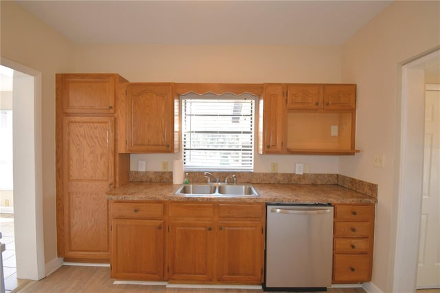 kitchen with stainless steel dishwasher, sink, and light hardwood / wood-style flooring