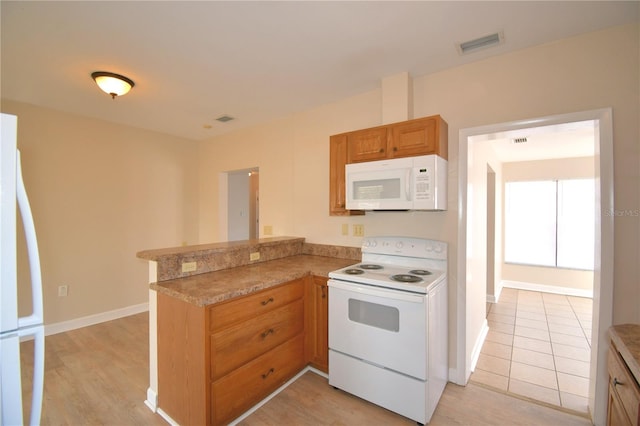 kitchen featuring kitchen peninsula, white appliances, and light wood-type flooring